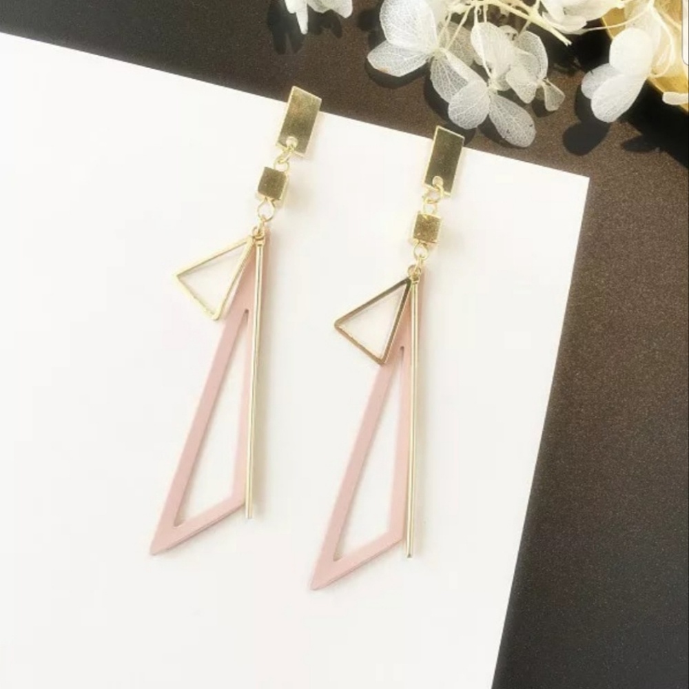 Geometric pink triangle gold earrings
